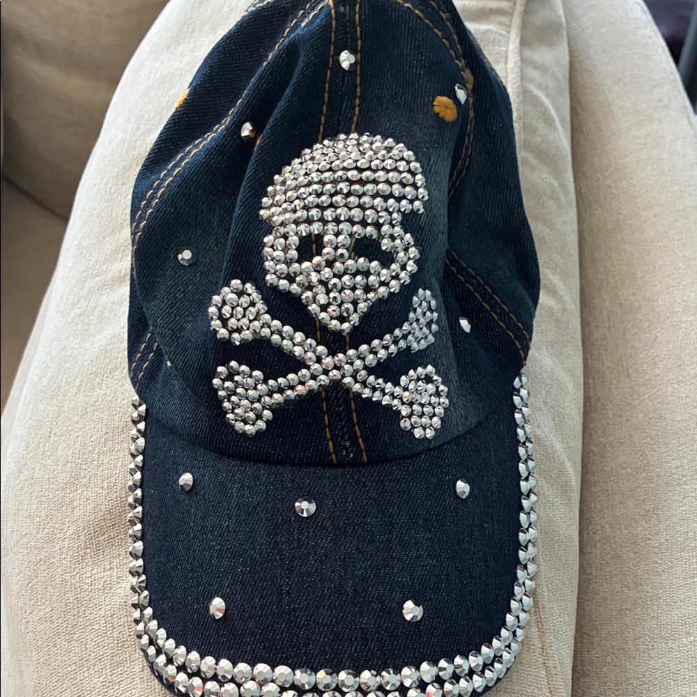 Rhinestone Skull and Crossbones Denim Cap- Never Worn